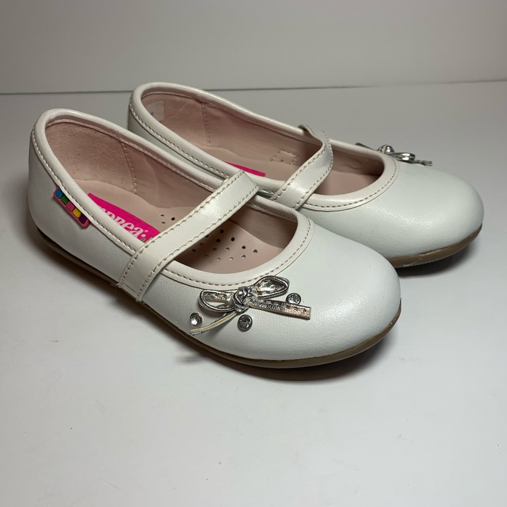 Andrea Girl Toddler White Leather Ballet Flat Metallic Bow Size 8 NEW